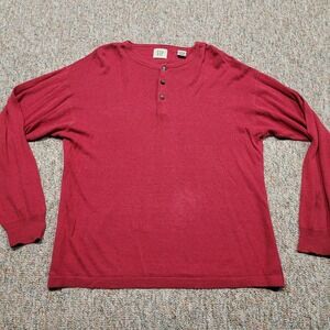 GAP Shirt Mens Large Red Linen Cotton Henley Long Sleeve Lightweight Knit Y2K